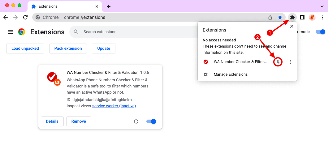 WA Number Checker chrome extension install pin